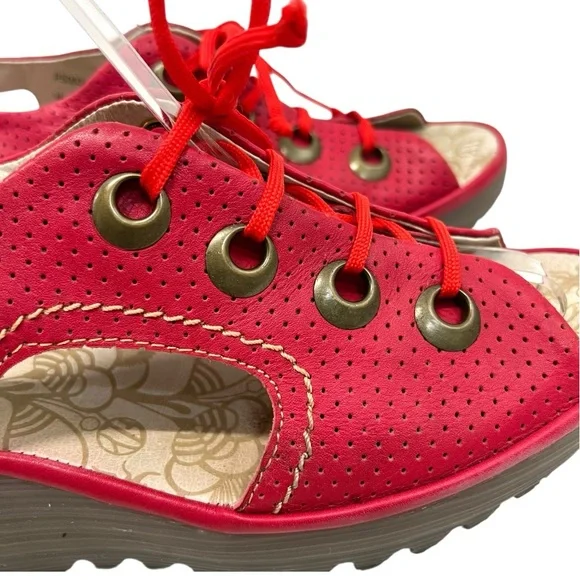 Fly London Ylfa Red Leather Lace Up Peep Toe Wedge Sandals Womens 40